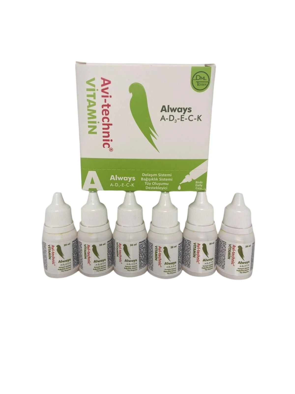 Avi-Technic ALWAYS A-D3-E-C Kuş Takviyesi – Dolaşım, Bağışıklık ve Tüy Desteği – 6’lı Paket (6 x 20 ml)