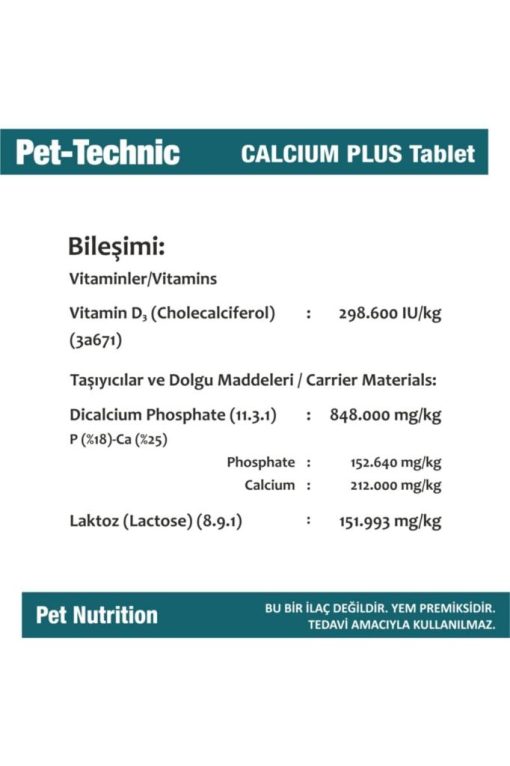 pet technic calcium plus tablet vitamin d3 kalsiyum destegi 72